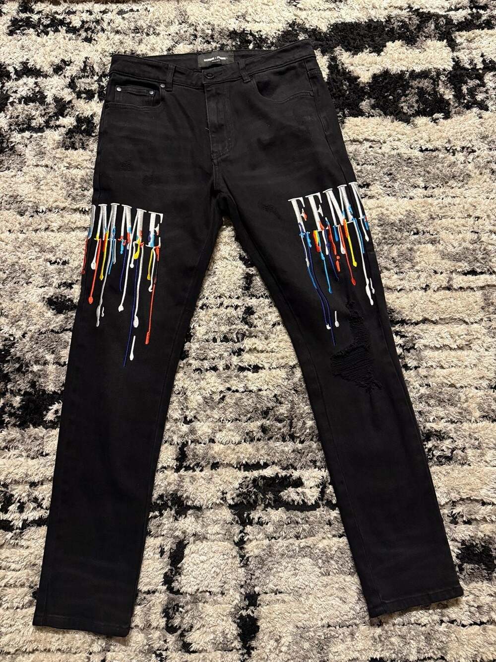 Homme + Femme Letterman Drip Denim Black Jeans